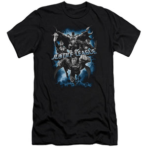 AN OFFCIALLY LICENSED JLA JUSTICE STORM MEN'S PREMIUM SLIM FIT T-SHIRT BLACK
