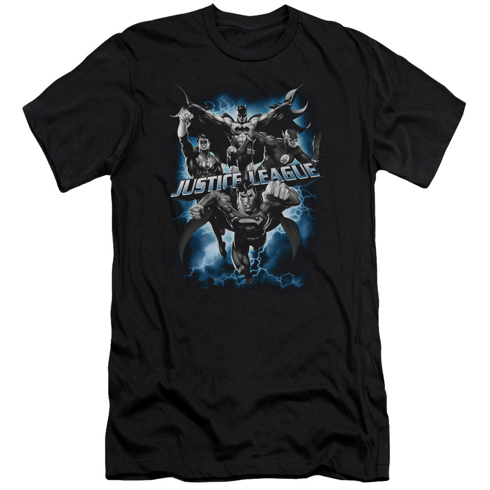AN OFFCIALLY LICENSED JLA JUSTICE STORM MEN'S PREMIUM SLIM FIT T-SHIRT BLACK