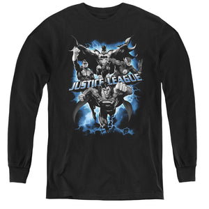 AN OFFCIALLY LICENSED JLA JUSTICE STORM YOUTH LONG SLEEVE T-SHIRT BLACK