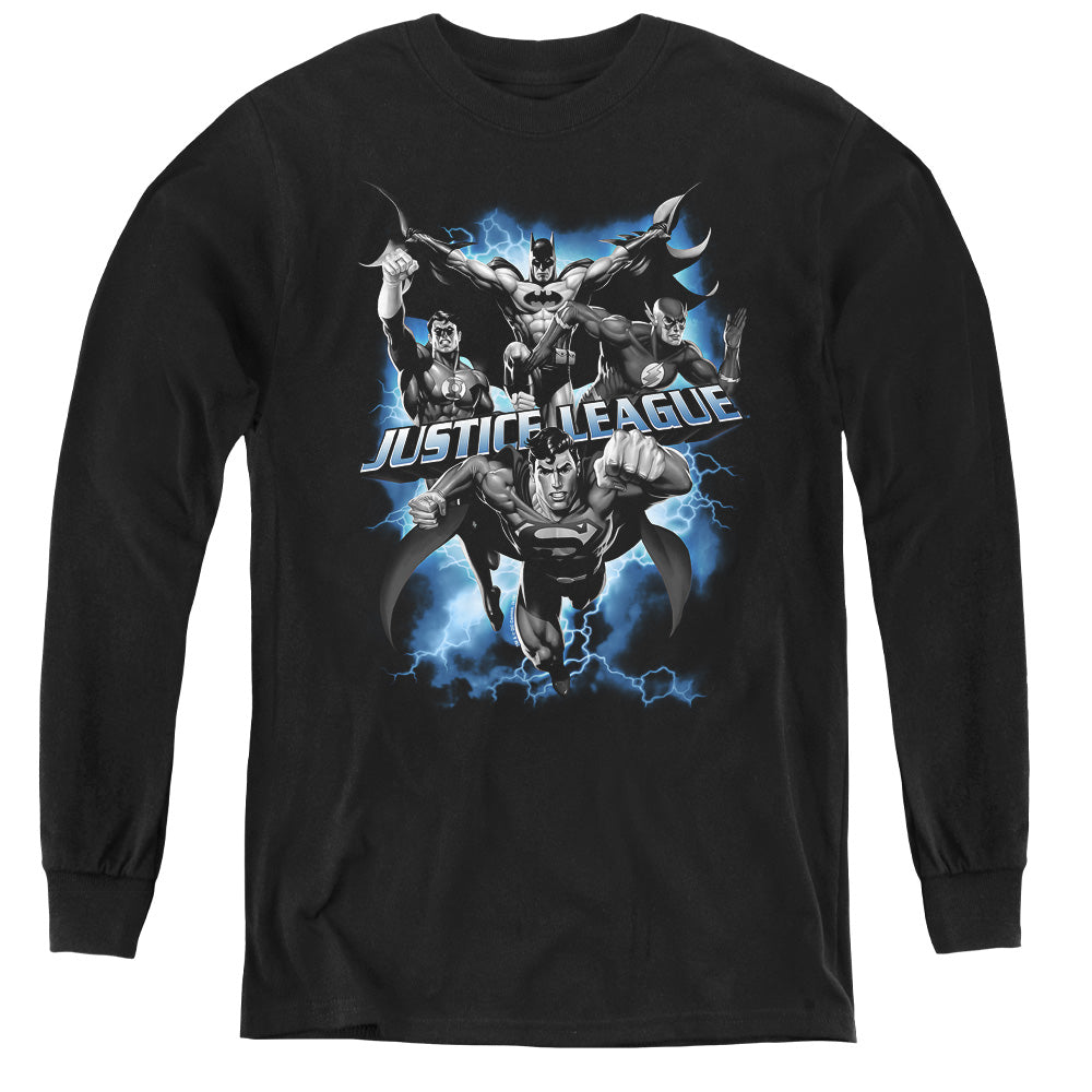 AN OFFCIALLY LICENSED JLA JUSTICE STORM YOUTH LONG SLEEVE T-SHIRT BLACK