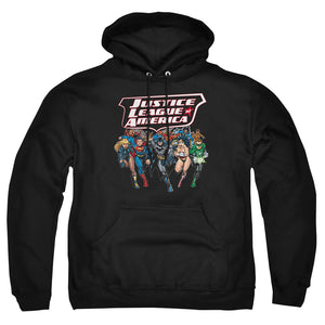 AN OFFCIALLY LICENSED JLA CHARGING JUSTICE ADULT UNISEX PULLOVER HOODIE BLACK