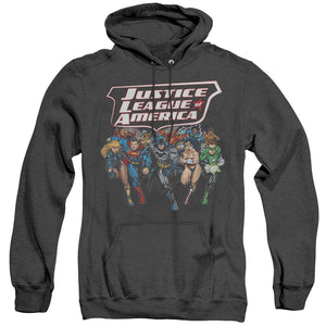 AN OFFCIALLY LICENSED JLA CHARGING JUSTICE ADULT UNISEX HEATHER PULLOVER HOODIE BLACK