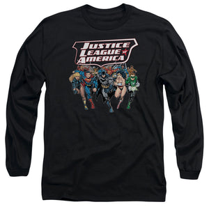 AN OFFCIALLY LICENSED JLA CHARGING JUSTICE MEN'S LONG SLEEVE T-SHIRT BLACK