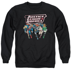 AN OFFCIALLY LICENSED JLA CHARGING JUSTICE ADULT UNISEX CREWNECK SWEATSHIRT BLACK
