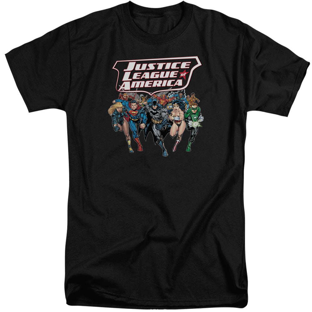 AN OFFCIALLY LICENSED JLA CHARGING JUSTICE MEN'S TALL FIT T-SHIRT BLACK