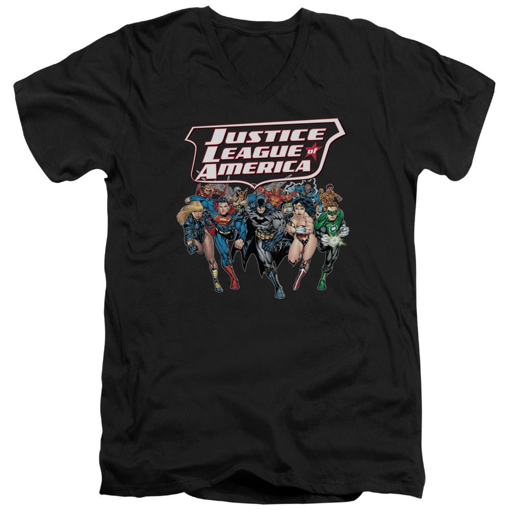 AN OFFCIALLY LICENSED JLA CHARGING JUSTICE MEN'S V-NECK T-SHIRT BLACK