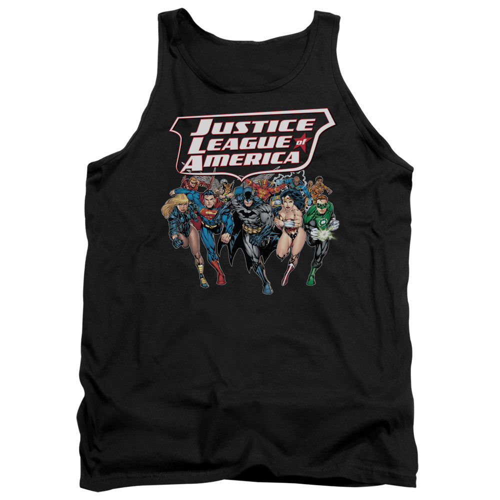 AN OFFCIALLY LICENSED JLA CHARGING JUSTICE ADULT UNISEX TANK TOP BLACK