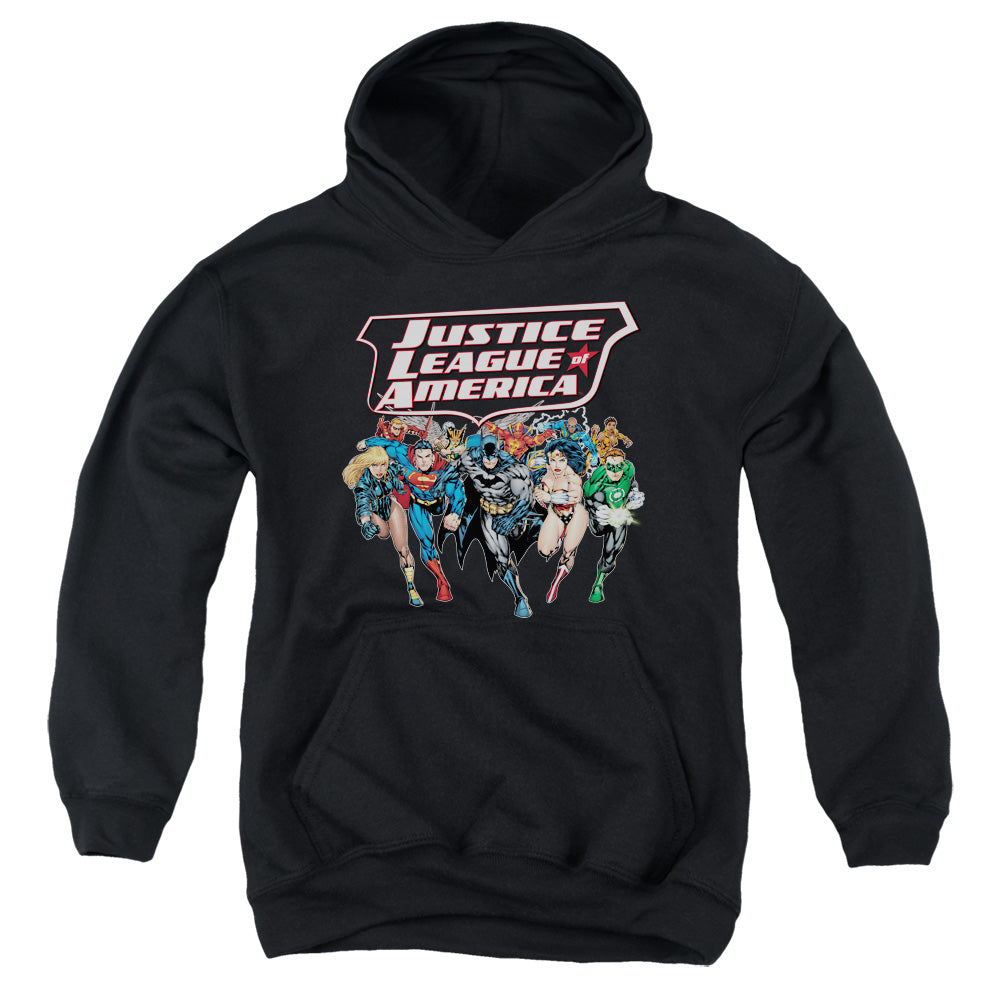 AN OFFCIALLY LICENSED JLA CHARGING JUSTICE YOUTH HOODIE BLACK