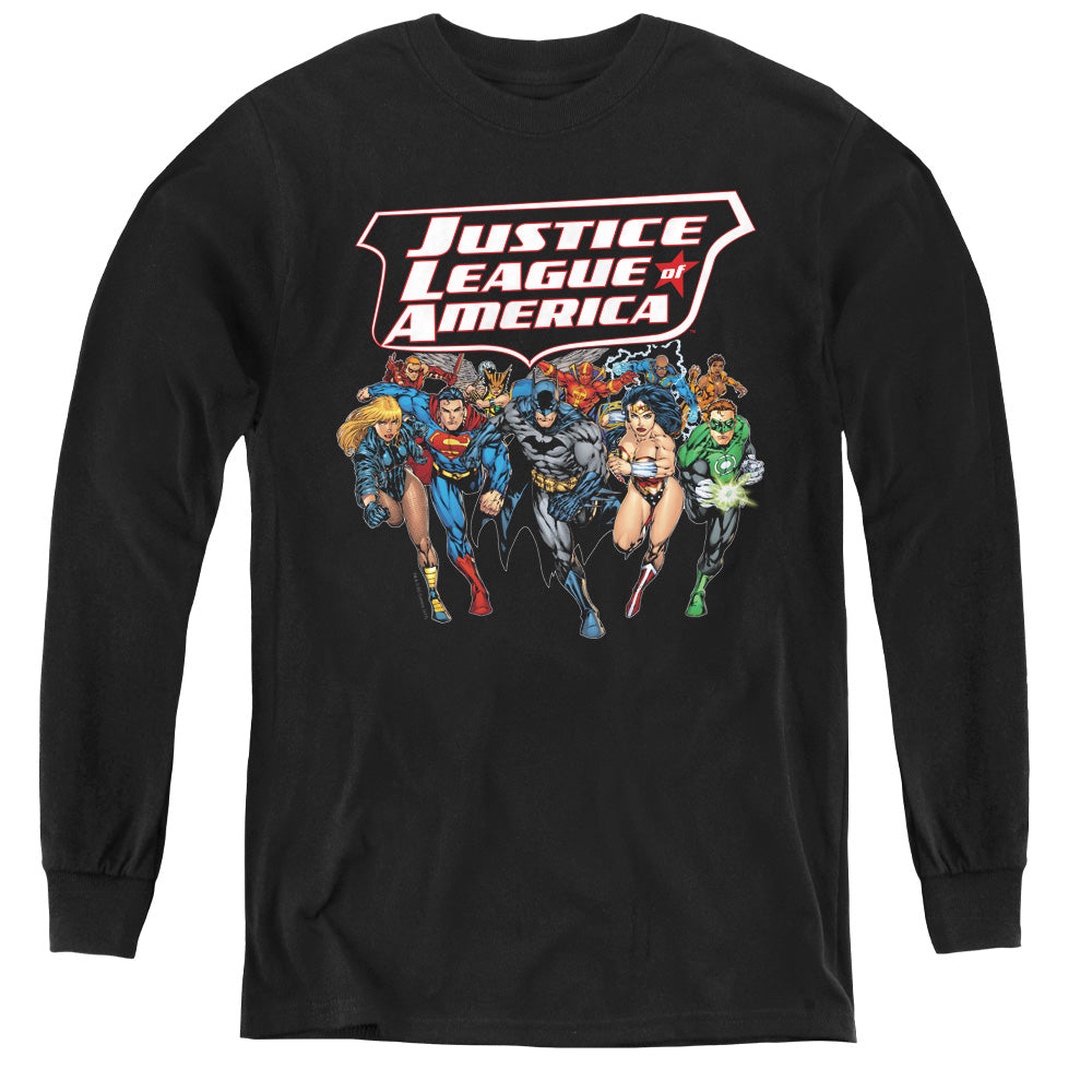 AN OFFCIALLY LICENSED JLA CHARGING JUSTICE YOUTH LONG SLEEVE T-SHIRT BLACK
