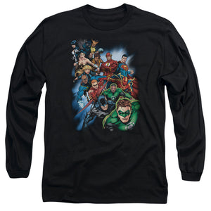 AN OFFCIALLY LICENSED JLA HEROES UNITE MEN'S LONG SLEEVE T-SHIRT BLACK