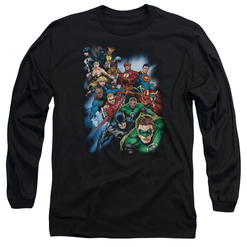 AN OFFCIALLY LICENSED JLA HEROES UNITE MEN'S LONG SLEEVE T-SHIRT BLACK