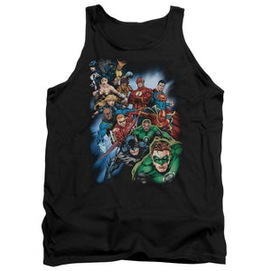 AN OFFCIALLY LICENSED JLA HEROES UNITE ADULT UNISEX TANK TOP BLACK