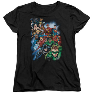 AN OFFCIALLY LICENSED JLA HEROES UNITE WOMEN'S REGULAR FIT T-SHIRT BLACK
