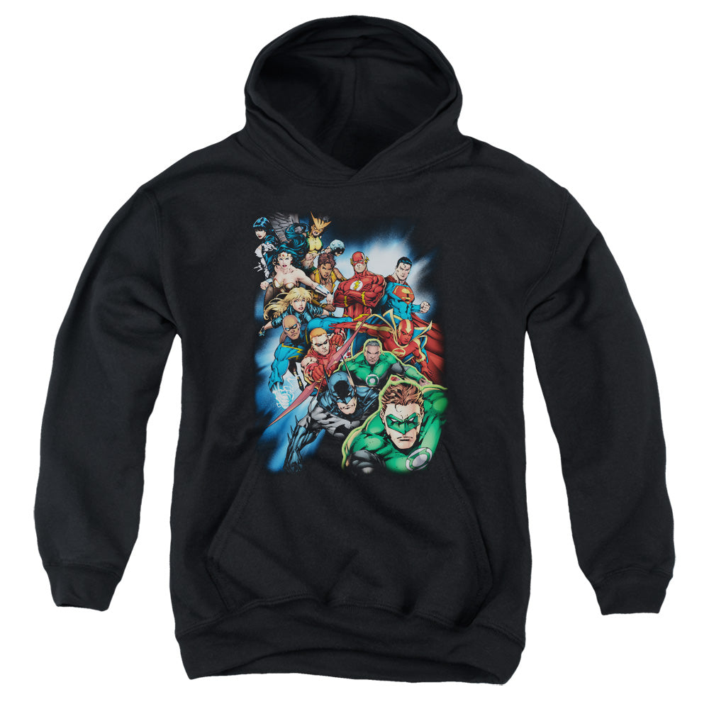 AN OFFCIALLY LICENSED JLA HEROES UNITE YOUTH HOODIE BLACK