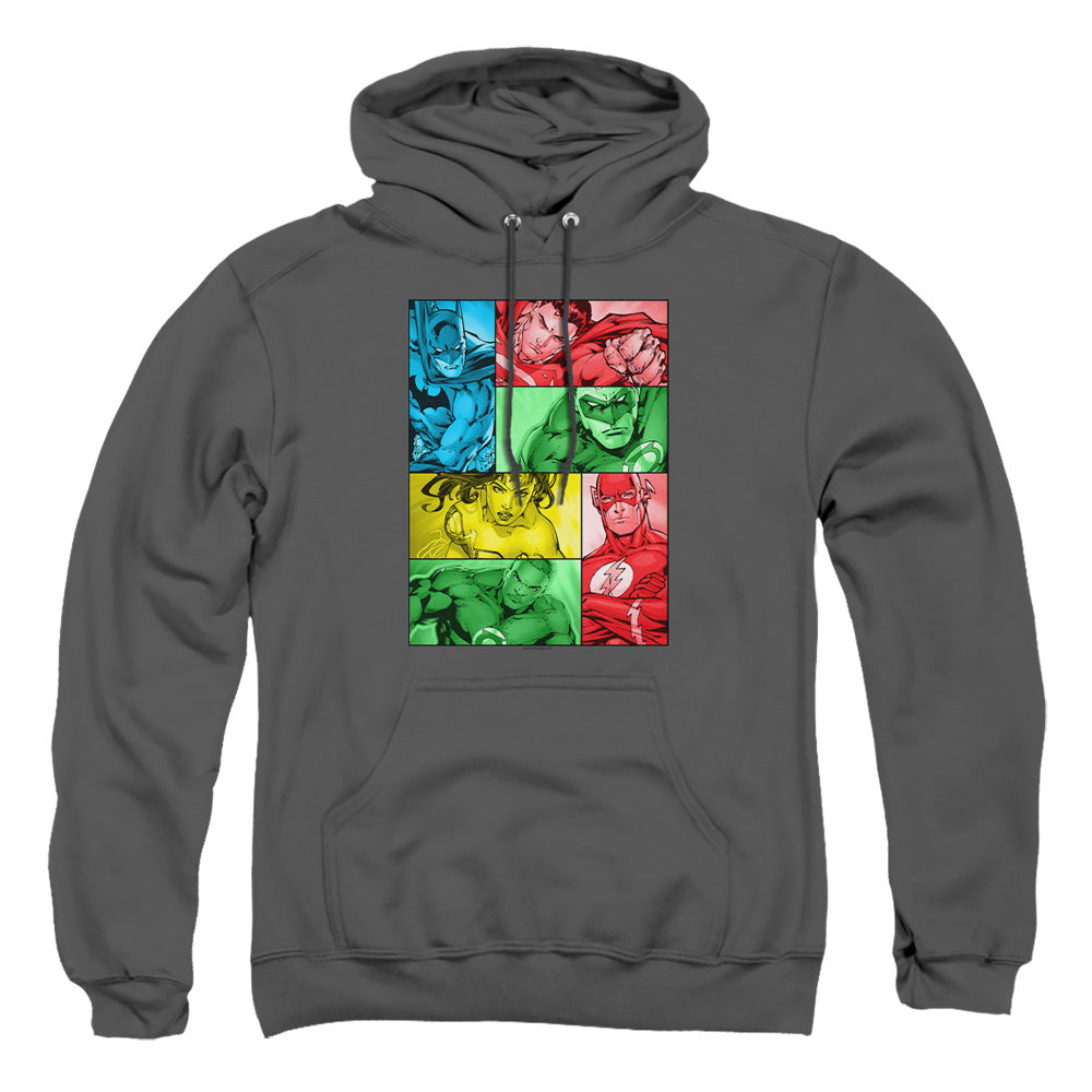 AN OFFCIALLY LICENSED JLA HERO BOXES ADULT UNISEX PULLOVER HOODIE CHARCOAL
