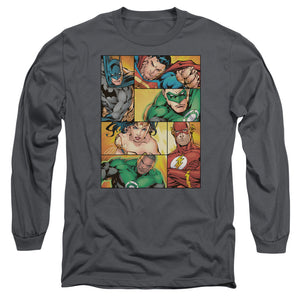 AN OFFCIALLY LICENSED JLA HERO BOXES MEN'S LONG SLEEVE T-SHIRT CHARCOAL