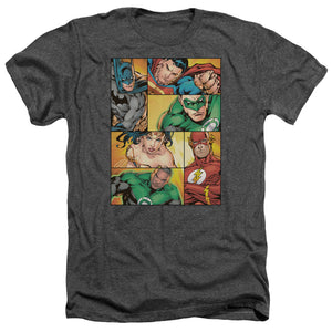 AN OFFCIALLY LICENSED JLA HERO BOXES MEN'S HEATHER T-SHIRT CHARCOAL