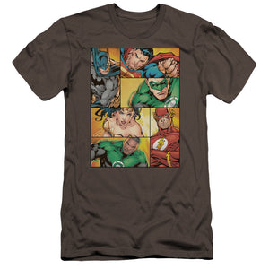 AN OFFCIALLY LICENSED JLA HERO BOXES MEN'S PREMIUM SLIM FIT T-SHIRT CHARCOAL