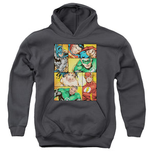 AN OFFCIALLY LICENSED JLA HERO BOXES YOUTH HOODIE CHARCOAL