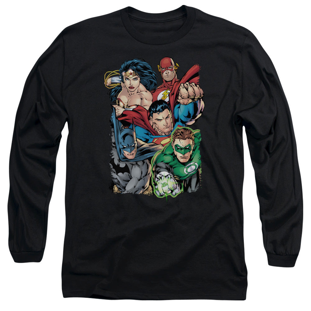 AN OFFCIALLY LICENSED JLA BREAK FREE MEN'S LONG SLEEVE T-SHIRT BLACK