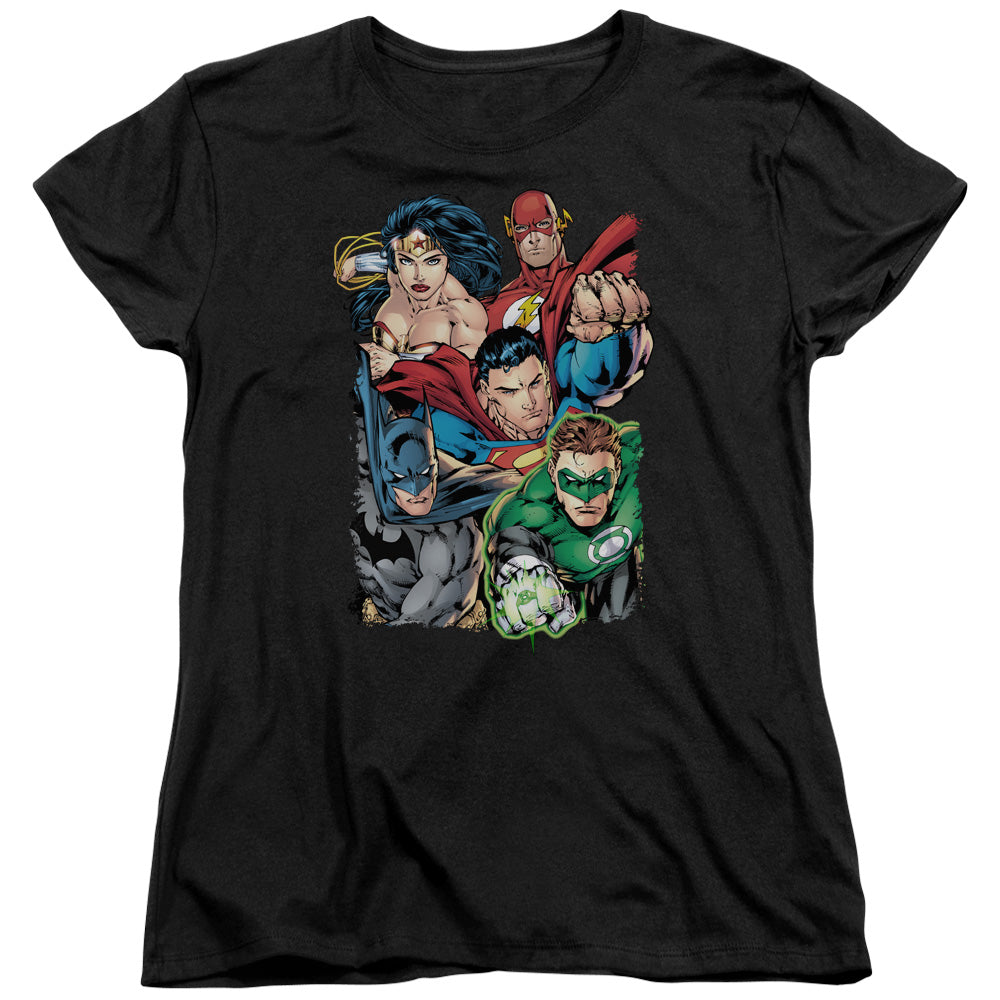 AN OFFCIALLY LICENSED JLA BREAK FREE WOMEN'S REGULAR FIT T-SHIRT BLACK