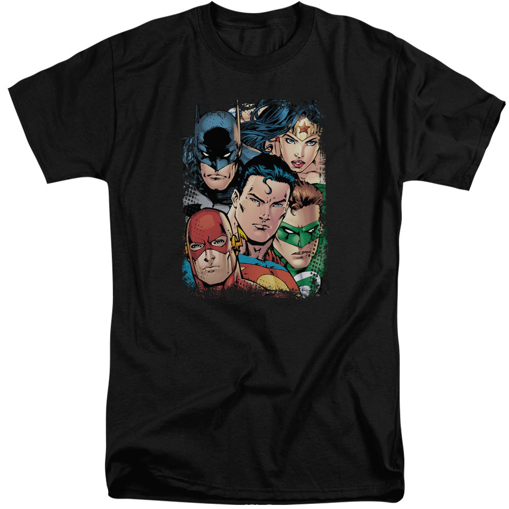 AN OFFCIALLY LICENSED JLA UP CLOSE AND PERSONAL MEN'S TALL FIT T-SHIRT BLACK