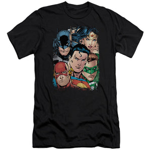 AN OFFCIALLY LICENSED JLA UP CLOSE AND PERSONAL MEN'S PREMIUM SLIM FIT T-SHIRT BLACK
