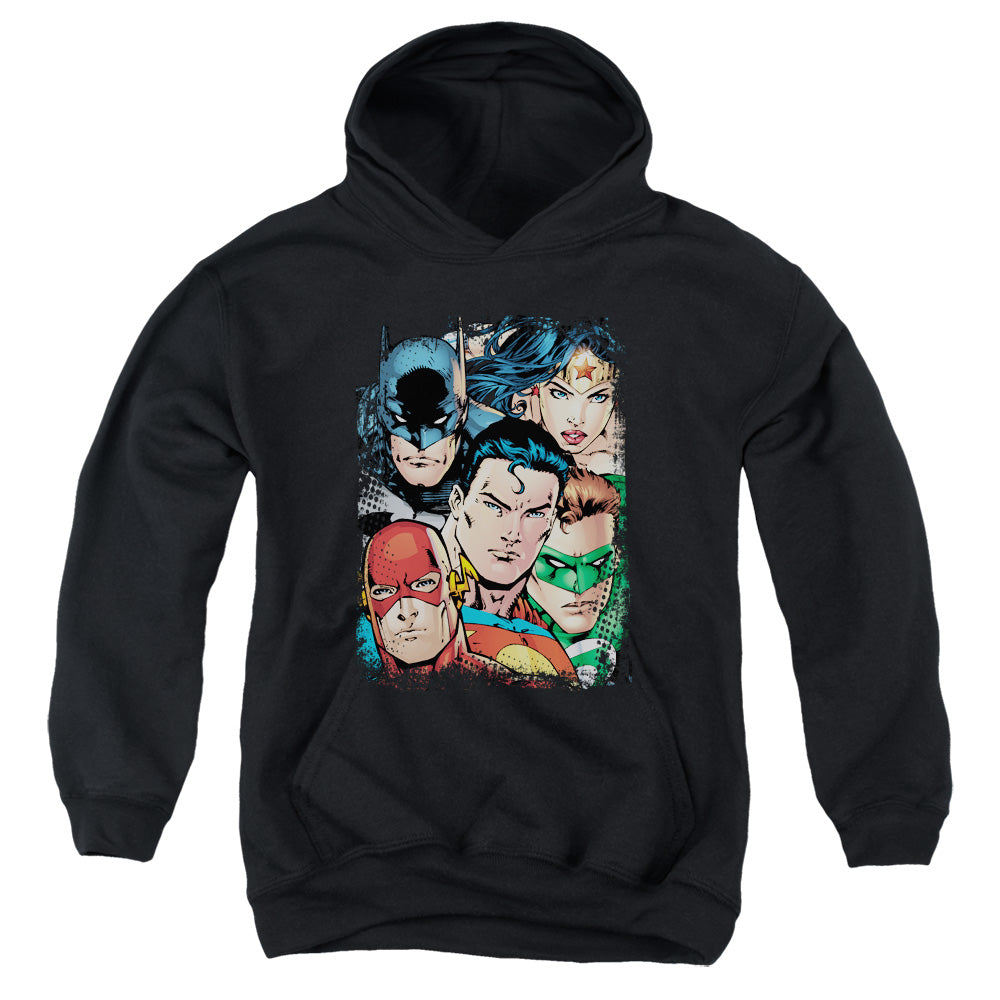 AN OFFCIALLY LICENSED JLA UP CLOSE AND PERSONAL YOUTH HOODIE BLACK