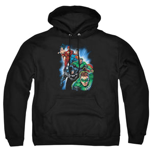 AN OFFCIALLY LICENSED JLA HEROES UNITE ADULT UNISEX PULLOVER HOODIE BLACK