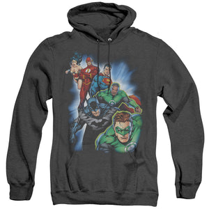 AN OFFCIALLY LICENSED JLA HEROES UNITE ADULT UNISEX HEATHER PULLOVER HOODIE BLACK