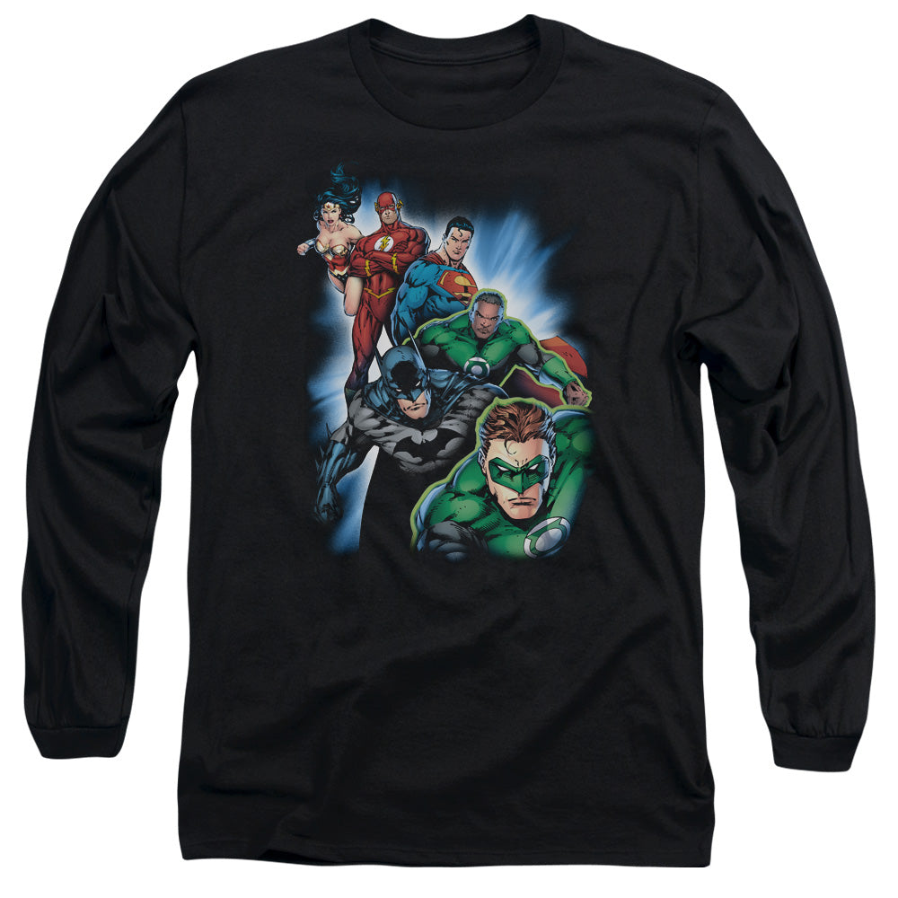 AN OFFCIALLY LICENSED JLA HEROES UNITE MEN'S LONG SLEEVE T-SHIRT BLACK
