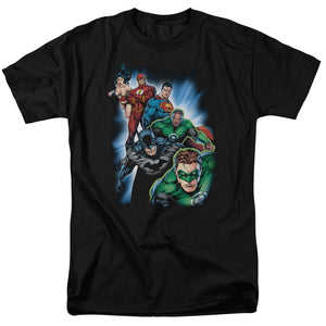 AN OFFCIALLY LICENSED JLA HEROES UNITE MEN'S REGULAR FIT T-SHIRT BLACK