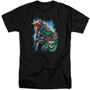 AN OFFCIALLY LICENSED JLA HEROES UNITE MEN'S TALL FIT T-SHIRT BLACK