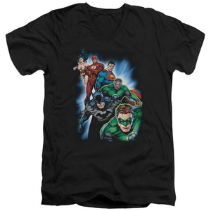 AN OFFCIALLY LICENSED JLA HEROES UNITE MEN'S V-NECK T-SHIRT BLACK
