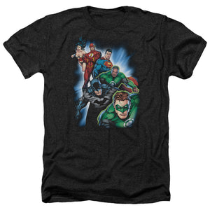AN OFFCIALLY LICENSED JLA HEROES UNITE MEN'S HEATHER T-SHIRT CHARCOAL