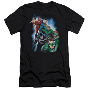AN OFFCIALLY LICENSED JLA HEROES UNITE MEN'S PREMIUM SLIM FIT T-SHIRT BLACK