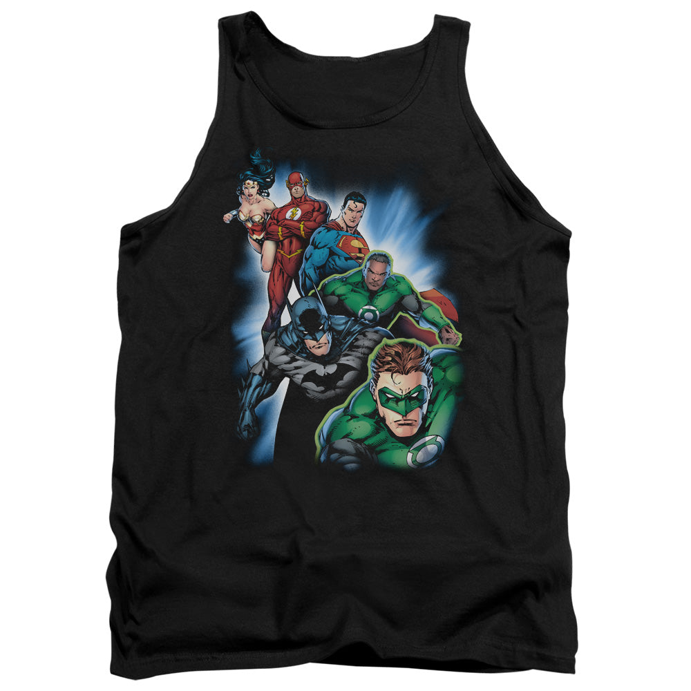AN OFFCIALLY LICENSED JLA HEROES UNITE ADULT UNISEX TANK TOP BLACK