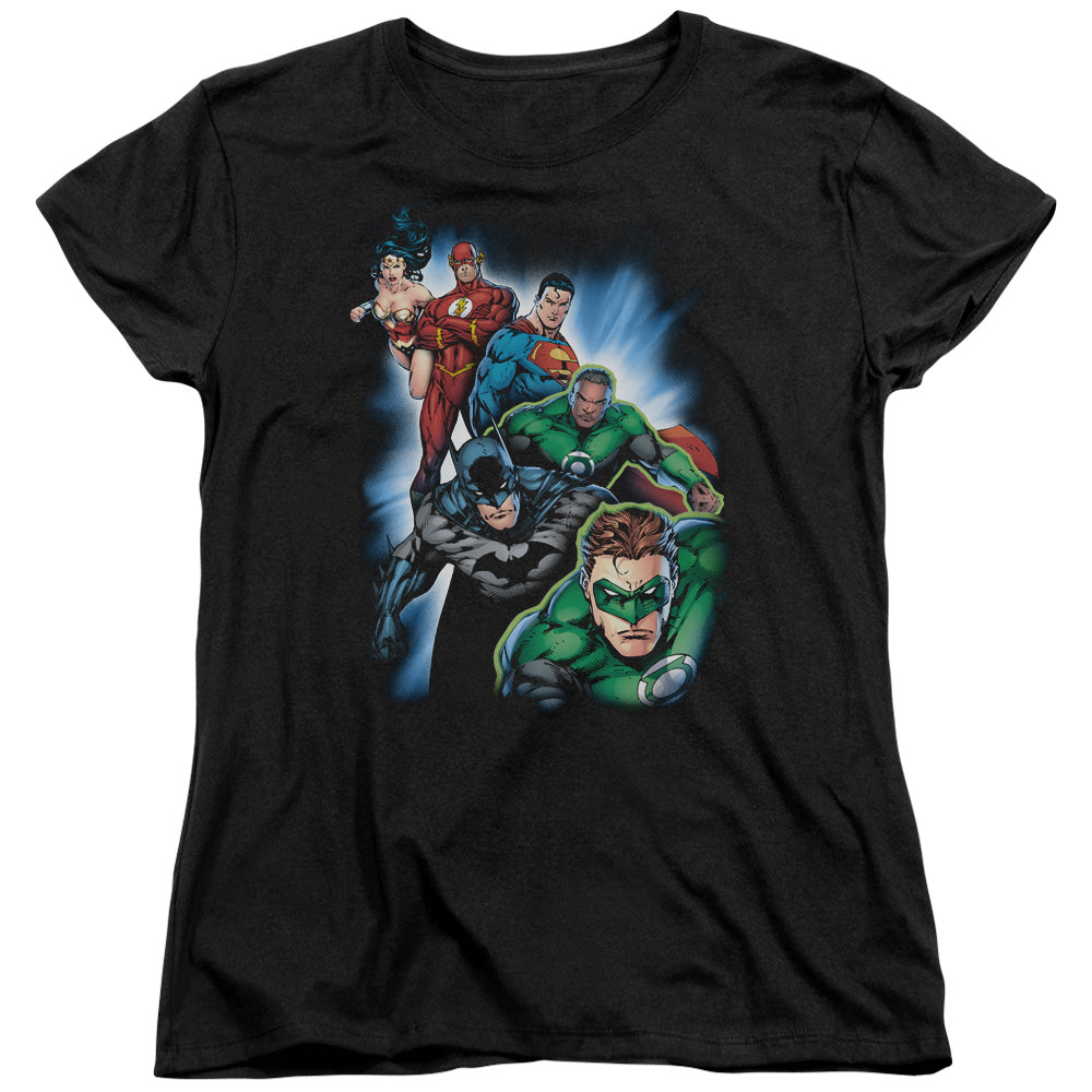 AN OFFCIALLY LICENSED JLA HEROES UNITE WOMEN'S REGULAR FIT T-SHIRT BLACK
