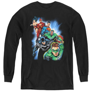 AN OFFCIALLY LICENSED JLA HEROES UNITE YOUTH LONG SLEEVE T-SHIRT BLACK