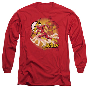 AN OFFCIALLY LICENSED JLA LIGHTNING FAST MEN'S LONG SLEEVE T-SHIRT RED