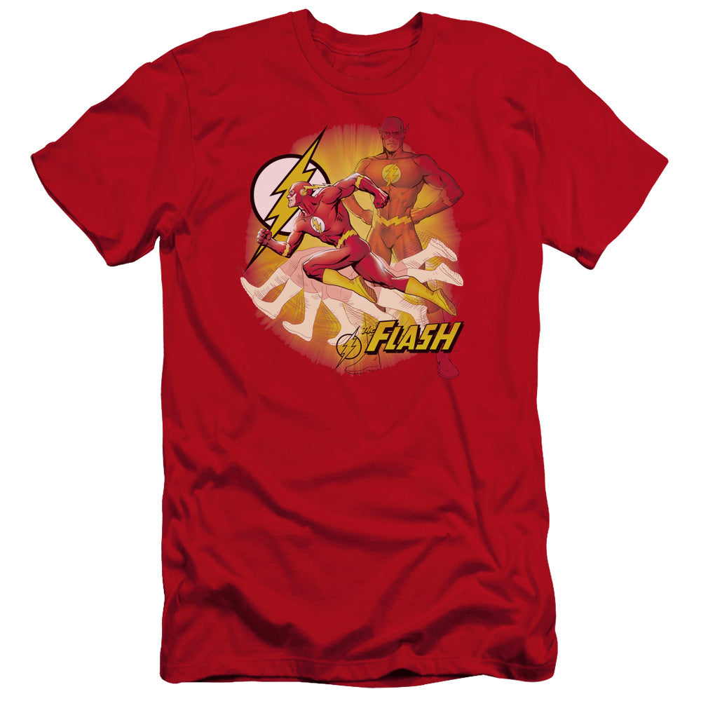 AN OFFCIALLY LICENSED JLA LIGHTNING FAST MEN'S PREMIUM SLIM FIT T-SHIRT RED