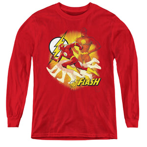 AN OFFCIALLY LICENSED JLA LIGHTNING FAST YOUTH LONG SLEEVE T-SHIRT RED