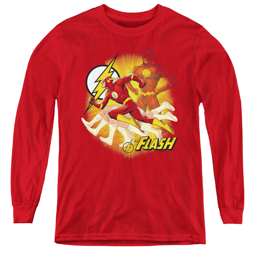AN OFFCIALLY LICENSED JLA LIGHTNING FAST YOUTH LONG SLEEVE T-SHIRT RED