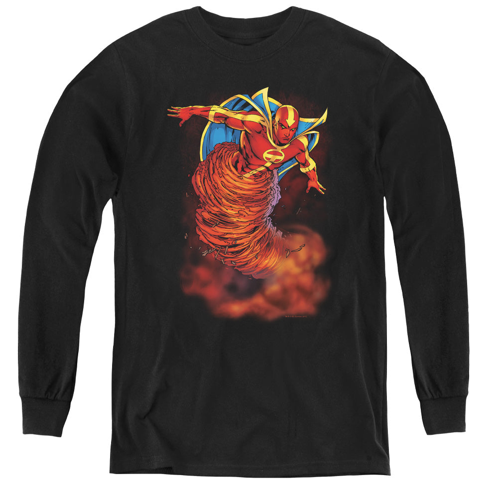 AN OFFCIALLY LICENSED JLA TORNADO CLOUD YOUTH LONG SLEEVE T-SHIRT BLACK