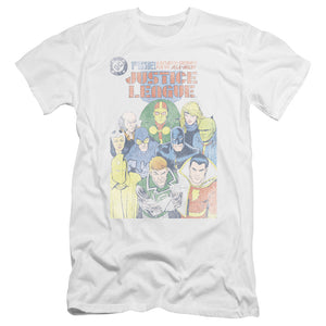 AN OFFCIALLY LICENSED JLA JUSTICE LEAGUE #1 COVER MEN'S PREMIUM SLIM FIT T-SHIRT WHITE