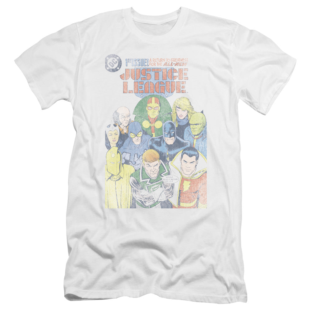 AN OFFCIALLY LICENSED JLA JUSTICE LEAGUE #1 COVER MEN'S PREMIUM SLIM FIT T-SHIRT WHITE