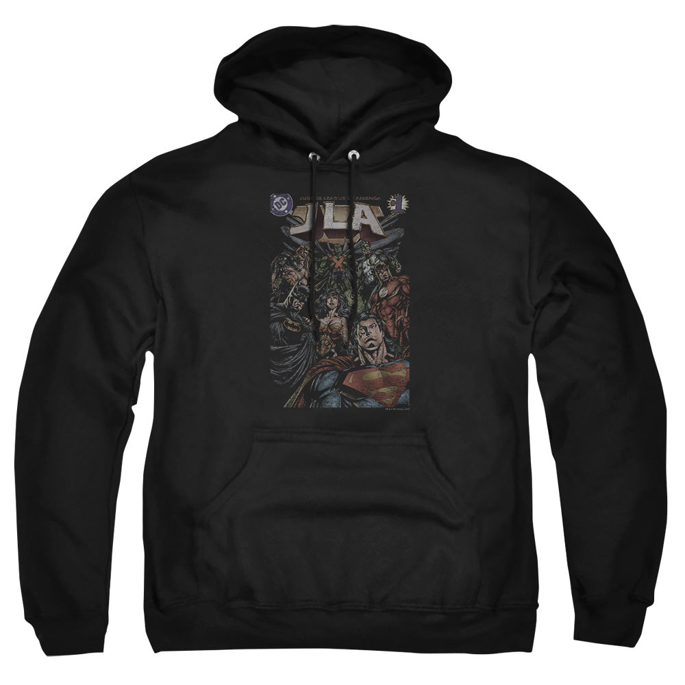 AN OFFCIALLY LICENSED JLA #1 COVER ADULT UNISEX PULLOVER HOODIE BLACK