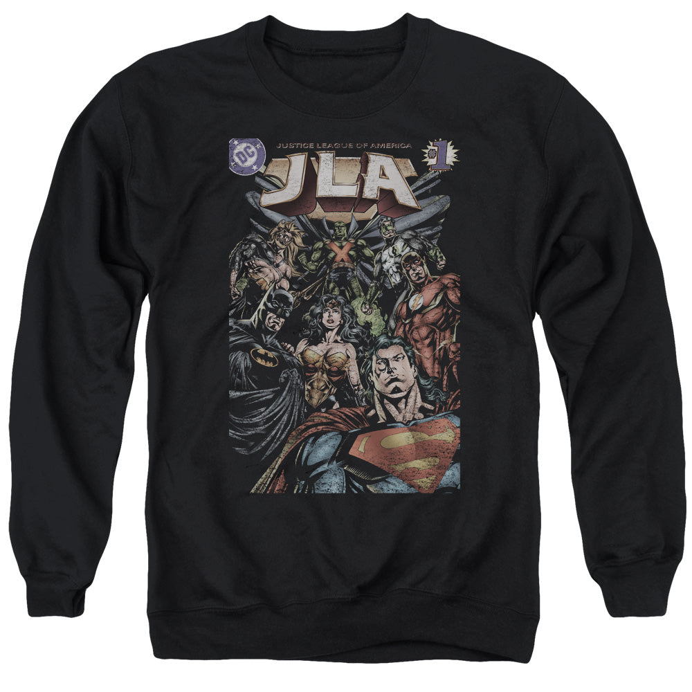 AN OFFCIALLY LICENSED JLA #1 COVER ADULT UNISEX CREWNECK SWEATSHIRT BLACK