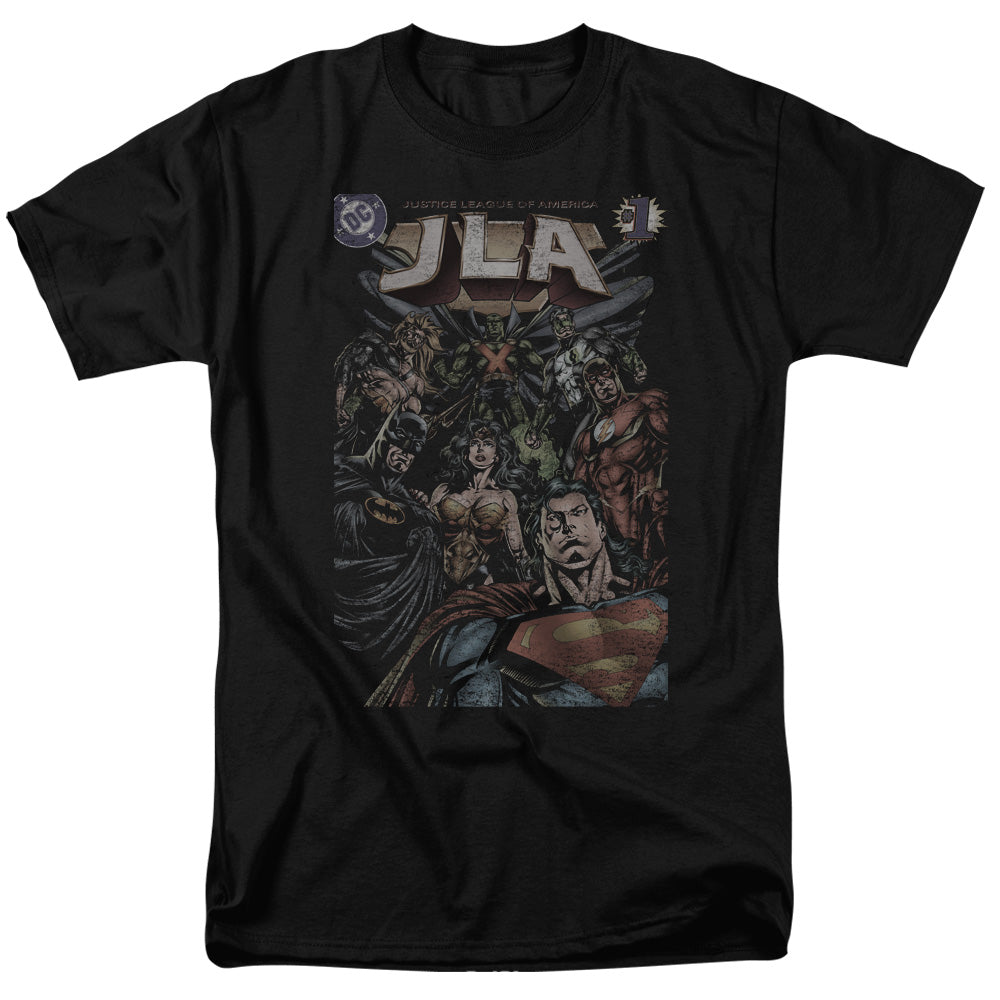 AN OFFCIALLY LICENSED JLA #1 COVER MEN'S REGULAR FIT T-SHIRT BLACK