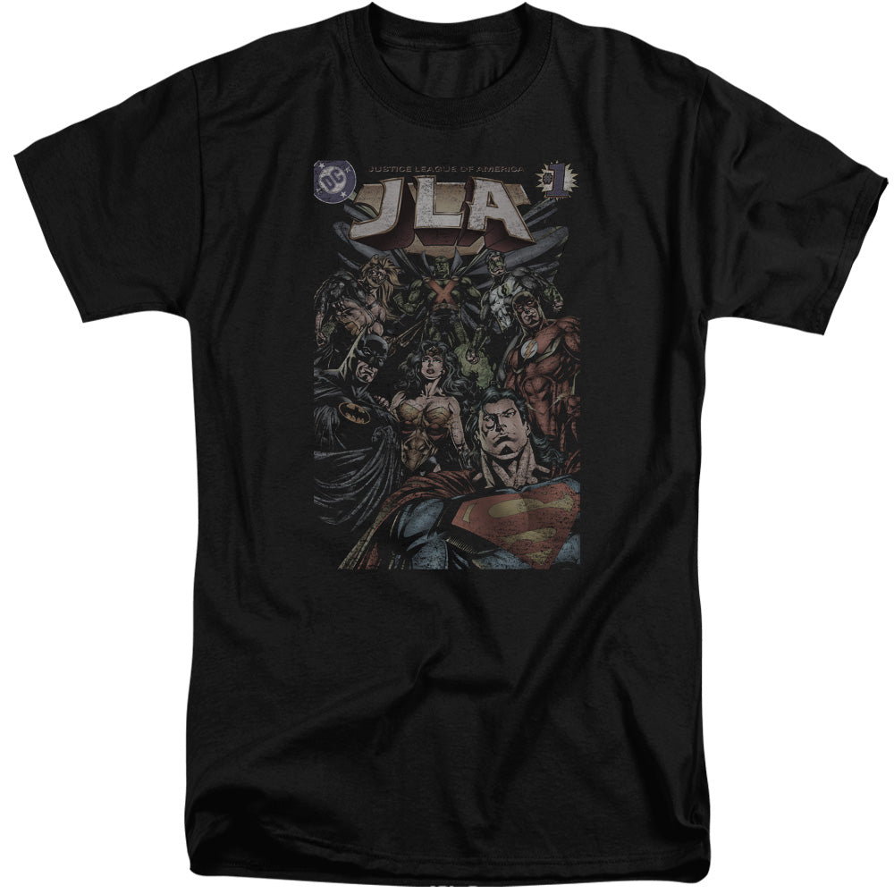 AN OFFCIALLY LICENSED JLA #1 COVER MEN'S TALL FIT T-SHIRT BLACK